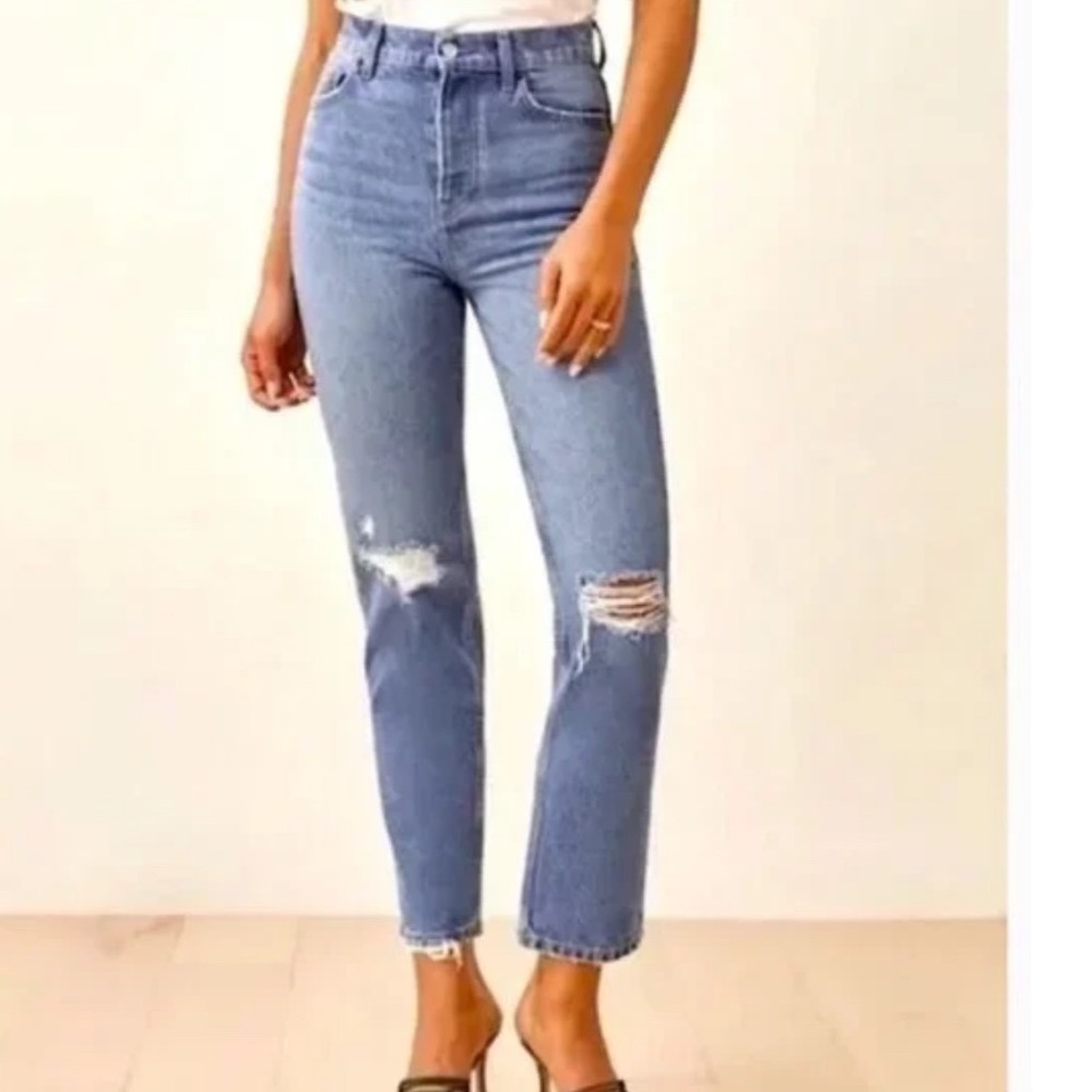 Reformation Cynthia High Rise Straight Jeans Shasta Destroyed‎ Blue cutoffs 31